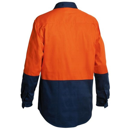 Bisley BSC6267 2-Tone Closed Front HiVis Drill Long Sleeve Shirt, orange/navy, rear view