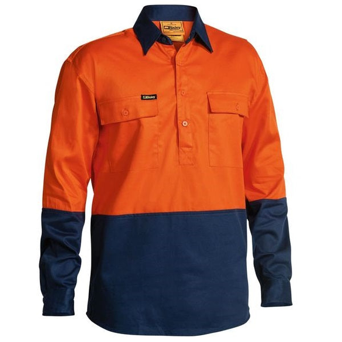 Orange/navy, colourblock, premium fabric, Bisley BSC6267 2-Tone Closed Front HiVis Drill Long Sleeve Shirt, front view