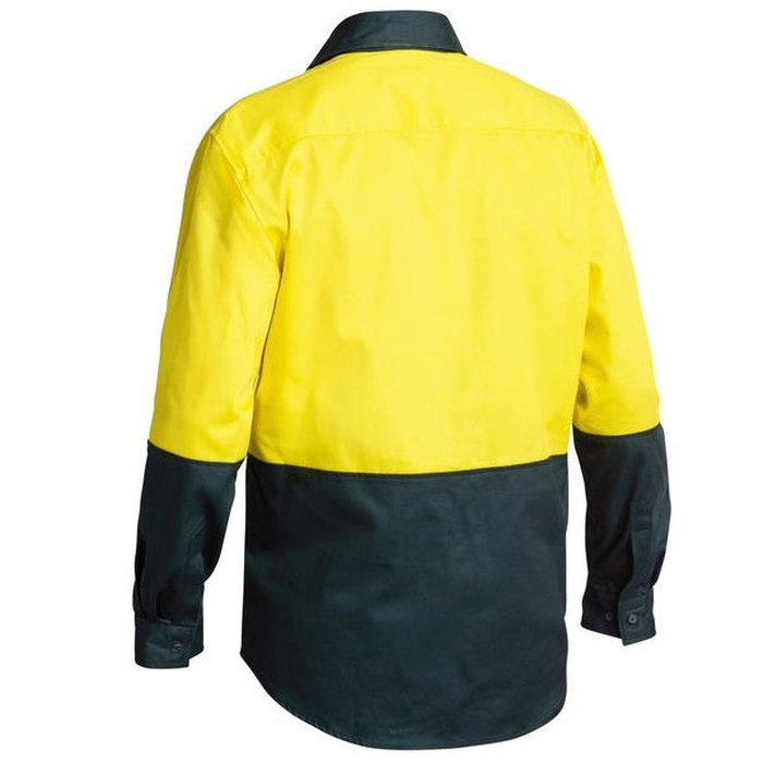 Yellow/bottle, rear view, Bisley BSC6267 2-Tone Closed Front HiVis Drill Long Sleeve Shirt
