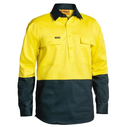 Yellow/ bottle green, tradie workwear, Bisley BSC6267 2-Tone Closed Front HiVis Drill Long Sleeve Shirt, front view