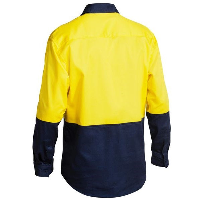 Yellow/navy, rear view, Bisley BSC6267 2-Tone Closed Front HiVis Drill Long Sleeve Shirt