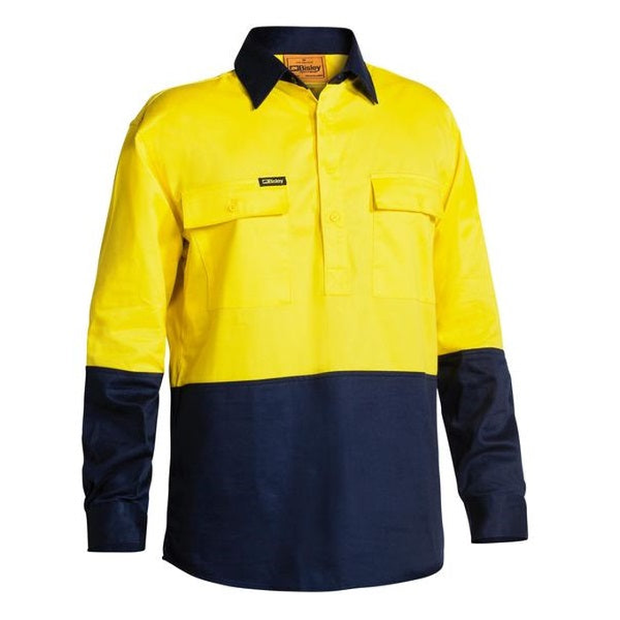 Yellow/navy, double chests pockets, front view, Bisley BSC6267 2-Tone Closed Front HiVis Drill Long Sleeve Shirt