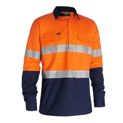 Mens long-sleeve high-visibility orange/navy, ripstop fabric,  Bisley BSC6415T X Airflow™ Closed Front Taped Hi Vis Ripstop Shirt. front view