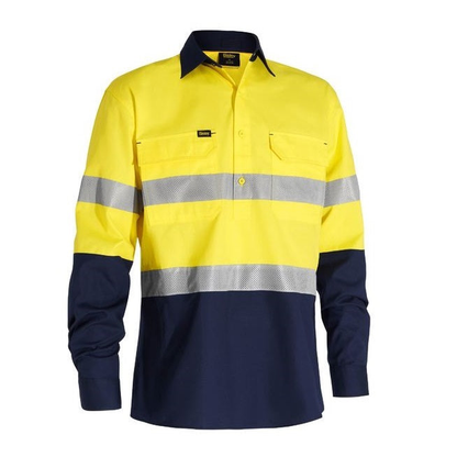Bisley BSC6415T X Airflow™ Closed Front Taped Hi Vis Ripstop Shirt, yellow/navy, front view, two chests pockets, reflective tape