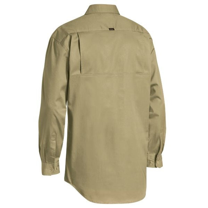 Khaki, rear view, Bisley BSC6820 Closed Front Lightweight Drill Long Sleeve Shirt