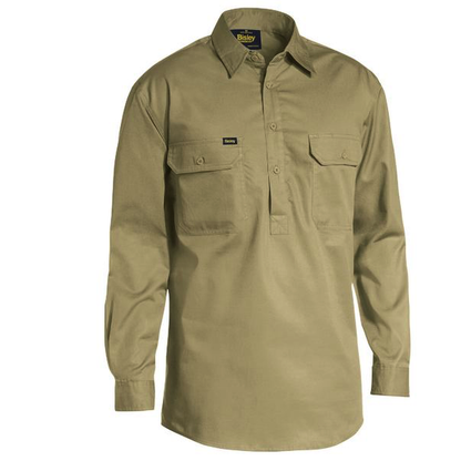 Long sleeve button up shirt in a khaki, Bisley BSC6820 Closed Front Lightweight Drill Long Sleeve Shirt, front view