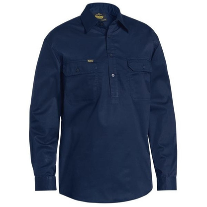 Navy blue, half placard, durable, front view, Bisley BSC6820 Closed Front Lightweight Drill Long Sleeve Shirt
