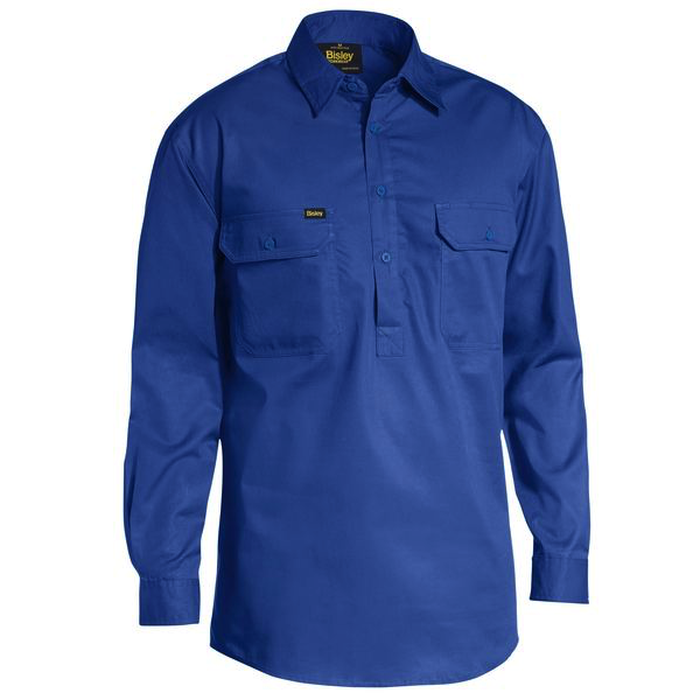 Royal blue, double front pockets, modern fit, front view, Bisley BSC6820 Closed Front Lightweight Drill Long Sleeve Shirt