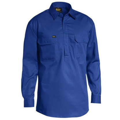 Royal blue, double front pockets, modern fit, front view, Bisley BSC6820 Closed Front Lightweight Drill Long Sleeve Shirt