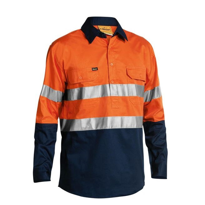 Mens Orange/navy, preshrunk premium drill, Bisley BSC6896 2-Tone HiVs Cool Lightweight Closed Front Long Sleeve Shirt 3M Tape, Relfective tape, front view