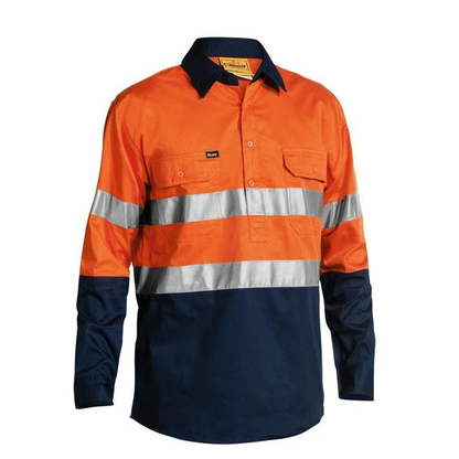 Mens Orange/navy, preshrunk premium drill, Bisley BSC6896 2-Tone HiVs Cool Lightweight Closed Front Long Sleeve Shirt 3M Tape, Relfective tape, front view