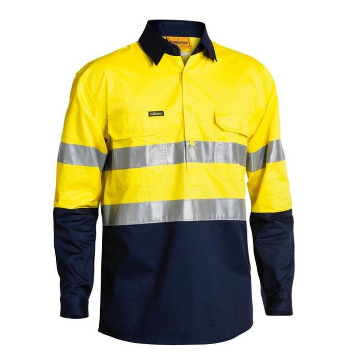 Mens Yellow/navy high-visibility long-sleeve work shirt , Bisley BSC6896 2-Tone HiVs Cool Lightweight Closed Front Long Sleeve Shirt 3M Tape, front view