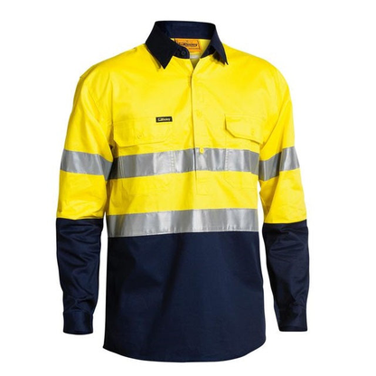 Mens Yellow/navy high-visibility long-sleeve work shirt , Bisley BSC6896 2-Tone HiVs Cool Lightweight Closed Front Long Sleeve Shirt 3M Tape, front view