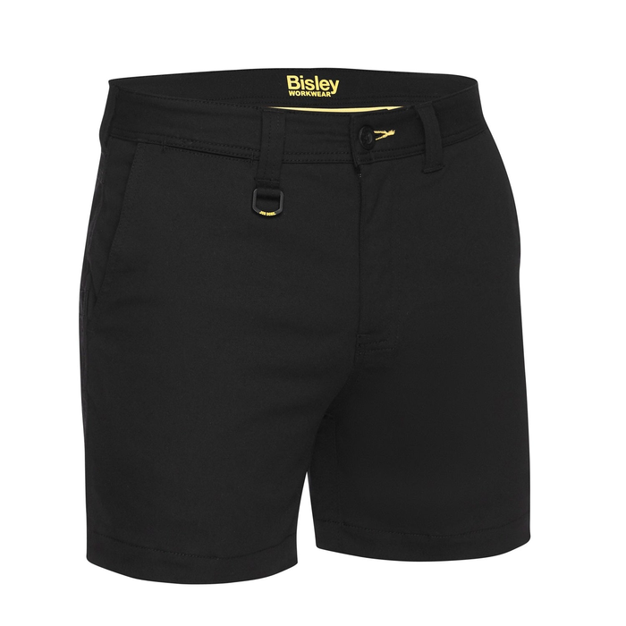 Black, worksite, performance work shorts Bisley BSH1008 Mens Stretch Cotton Short Shorts, front view
