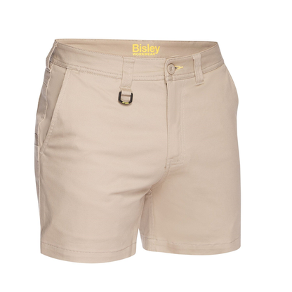 Stone, midrise, tradie worksite, Bisley BSH1008 Mens Stretch Cotton Short Shorts, front view