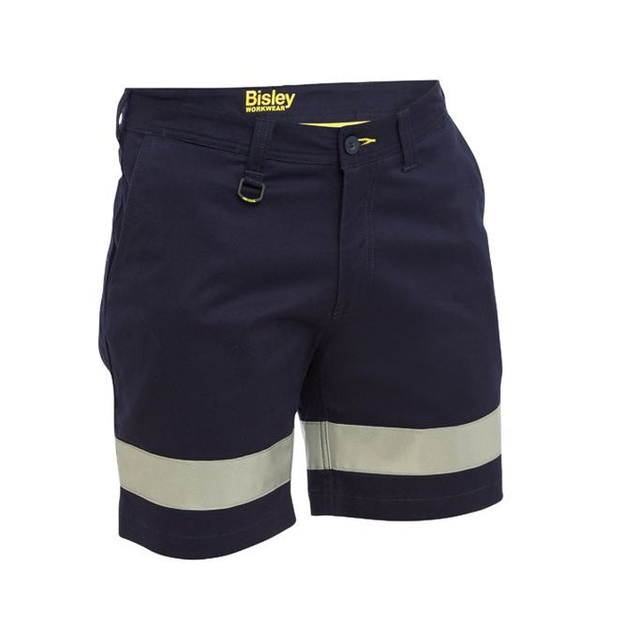Navy blue stretch work shorts, Bisley BSH1008T Taped Stretch Cotton Drill Short Shorts front view, hi vis reflective tape