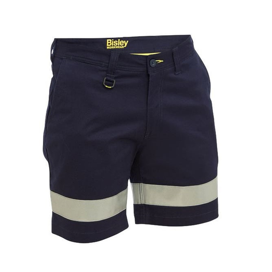 Navy blue stretch work shorts, Bisley BSH1008T Taped Stretch Cotton Drill Short Shorts front view, hi vis reflective tape