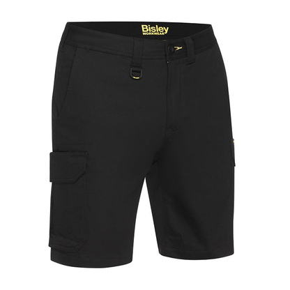 Black, comfortable movement, Bisley BSHC1008 Mens Stretch Cotton Cargo Short, front view