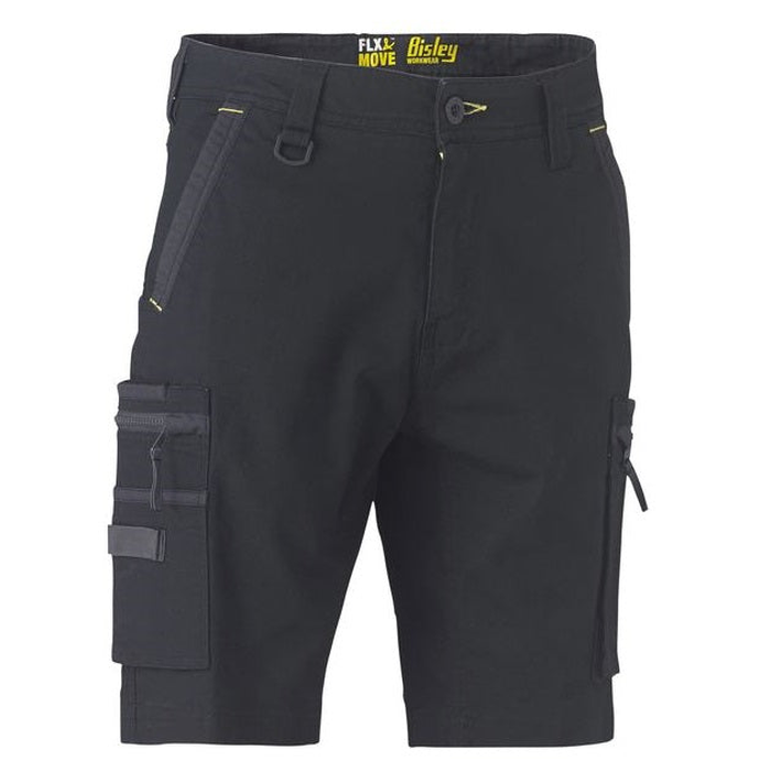 Mens Classic Black cargo shorts with multiple utility pockets, Bisley BSHC1330 Flex and Move Stretch Utility Zip Cargo Shorts, front view