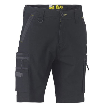 Mens Classic Black cargo shorts with multiple utility pockets, Bisley BSHC1330 Flex and Move Stretch Utility Zip Cargo Shorts, front view