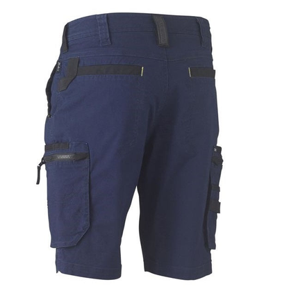 Bisley BSHC1330 Flex and Move Stretch Utility Zip Cargo Shorts, navy with black accents, rear view, mens
