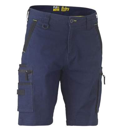 Navy blue Stretch cotton canvas mens work shorts Bisley BSHC1330 Flex and Move Stretch Utility Zip Cargo Shorts, front view