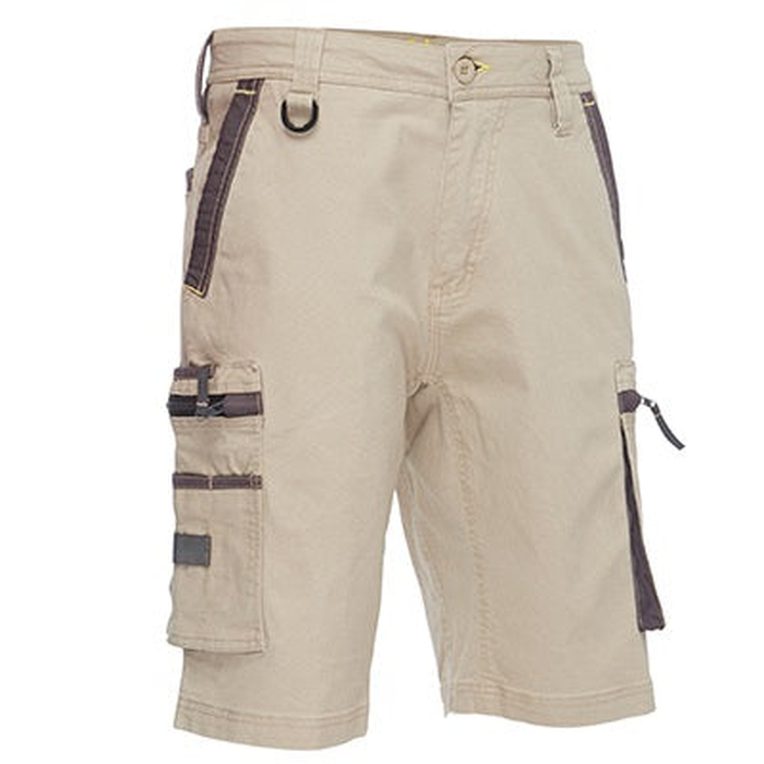 Stone with brown accents, comfortable tradie worksite workwear, Bisley BSHC1330 Flex and Move Stretch Utility Zip Cargo Shorts, front view