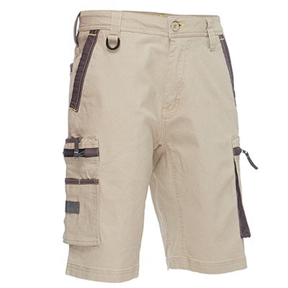 Stone with brown accents, comfortable tradie worksite workwear, Bisley BSHC1330 Flex and Move Stretch Utility Zip Cargo Shorts, front view