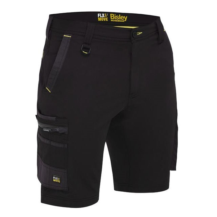 Modern fit, black, Bisley BSHC1332 Flex and Move 4-Way Stretch Zip Cargo Short, front view