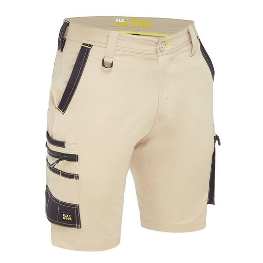 Stone beige, multiple utility pockets, Bisley BSHC1332 Flex and Move 4-Way Stretch Zip Cargo Short, front view