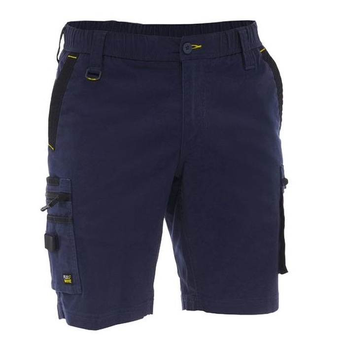 Mens navy blue, multiple utility pockets, front view, Bisley BSHC1338 FLX & Move™ Elastic Waist Cargo Shorts