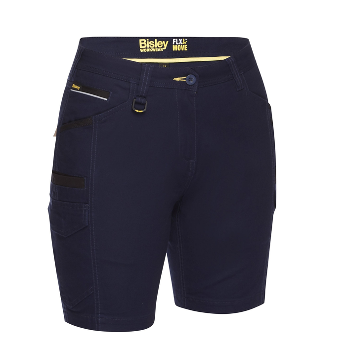 navy blue, Bisley BSHL1044 Womens Flex and Move Cargo Short, front view, modern fit