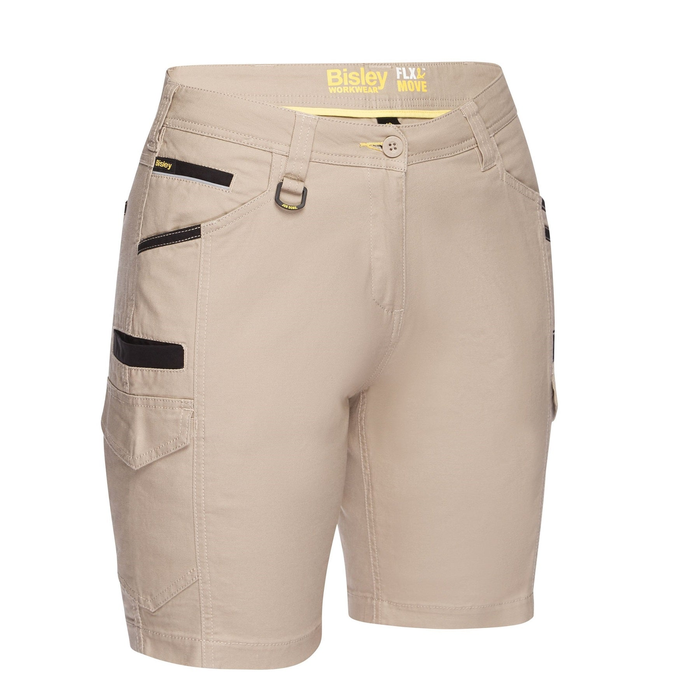 Stone coloured stretch, Bisley BSHL1044 Womens Flex and Move Cargo Short, front view