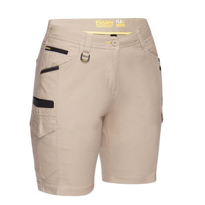 Stone coloured stretch, Bisley BSHL1044 Womens Flex and Move Cargo Short, front view