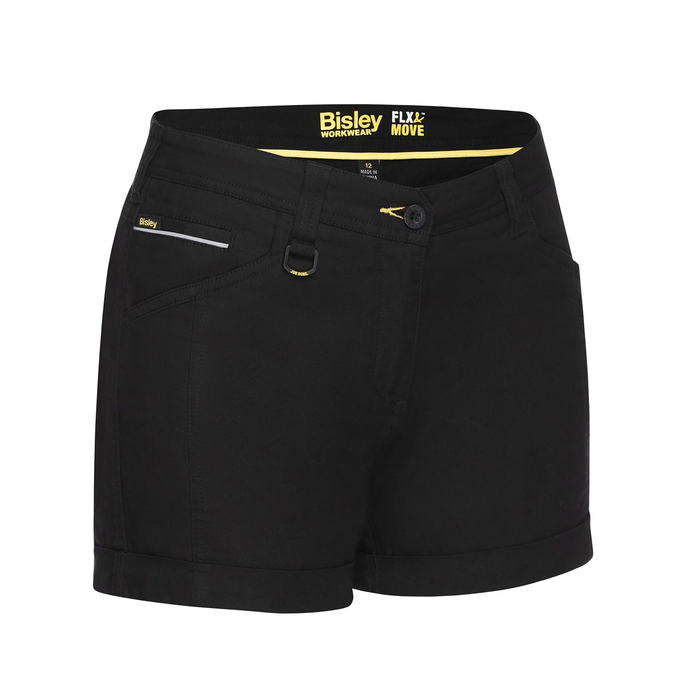 Ladies Black, shorts, stretch, mid rise, Bisley BSHL1045 Womens Flex and Move Short Short, front view