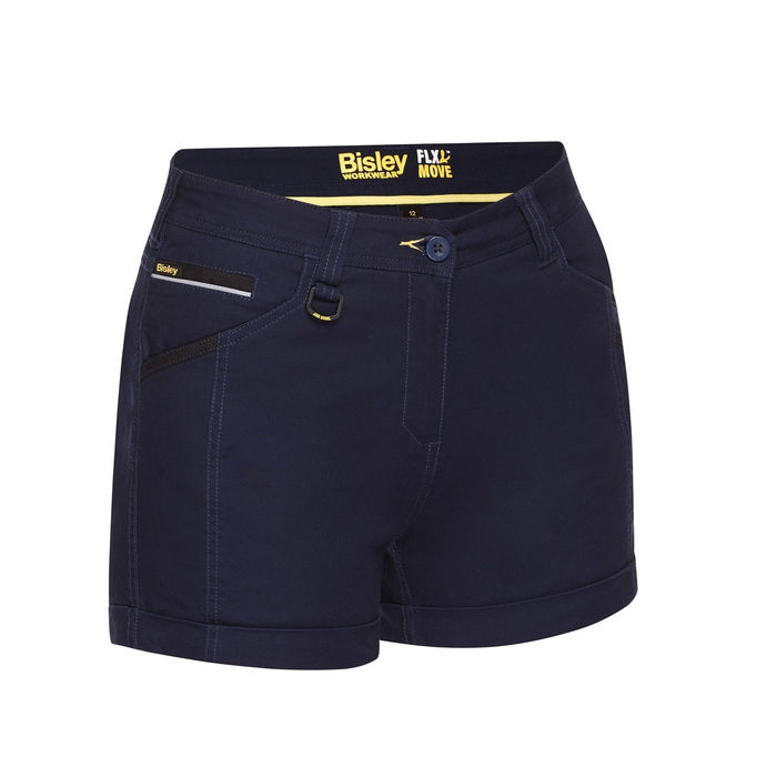 Navy blue, curved waistband, Bisley BSHL1045 Womens Flex and Move Short Short, front view