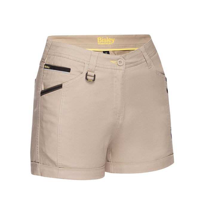 Stone beige coloured, comfortable, tradie, Bisley BSHL1045 Womens Flex and Move Short Short, front view