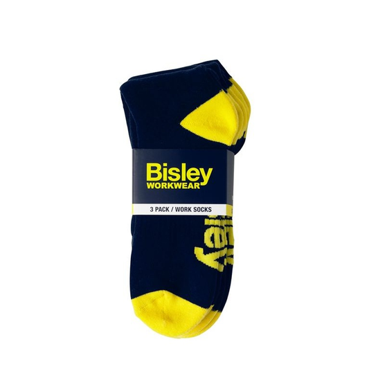 Navy/yellow, antibacterial finish, Bisley BSX7210 Long Cotton Crew Socks 3 Pack, front view