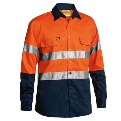 Orange/navy, premium pre shrunk drill, front view, Bisley BT6456 2-Tone HiVis 3M Reflective Tape Long Sleeve Shirt