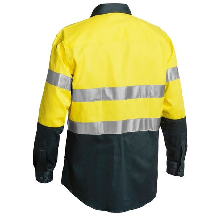 Yellow/bottle green, rear view, Bisley BT6456 2-Tone HiVis 3M Reflective Tape Long Sleeve Shirt