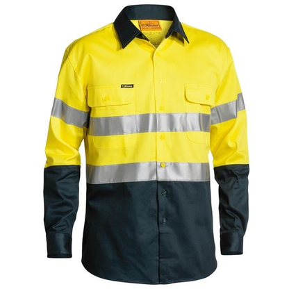 Bottle green, modern fit, Bisley BT6456 2-Tone HiVis 3M Reflective Tape Long Sleeve Shirt, front view