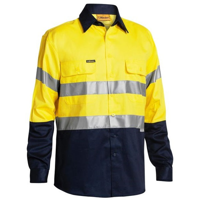 Yellow/navy, double chest pockets, front view, Bisley BT6456 2-Tone HiVis 3M Reflective Tape Long Sleeve Shirt