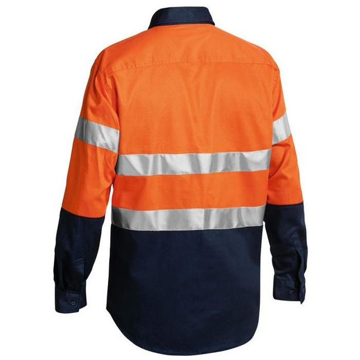 Bisley BTC6456 2-Tone Closed Front HiVis Drill 3M Reflective Tape Long Sleeve Shirt, orange/navy, rear view