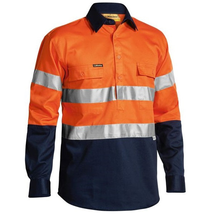 Orange/navy, half placard button up, navy contrasting collar, premium pre shrunk drill, Bisley BTC6456 2-Tone Closed Front HiVis Drill 3M Reflective Tape Long Sleeve Shirt front view