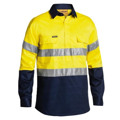 Yellow/navy, front view, classic fit, Bisley BTC6456 2-Tone Closed Front HiVis Drill 3M Reflective Tape Long Sleeve shirt