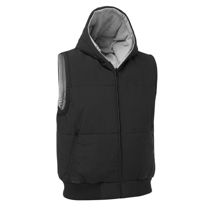 Black mens hooded, zip pockets, warm padding, Bisley BV0334 FLX & Move Reversible Puffer Vest, front view