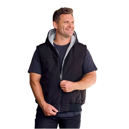 Bisley BV0334 FLX & Move Reversible Puffer Vest, black, model view, lifestyle, worsite hoodie vest