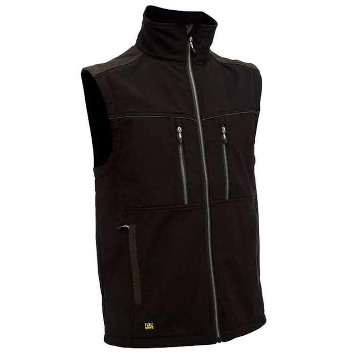 Mens Black sleeveless zip-up vest with a high collar, Bisley BV0570 FLX & Move™ Soft Shell Vest, front view