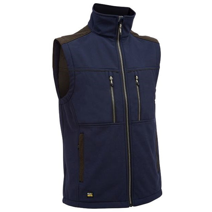 Bisley BV0570 FLX & Move™ Soft Shell Vest, high collar zip up front pockets, Bisley BV0570 FLX & Move™ Soft Shell Vest, front view navy