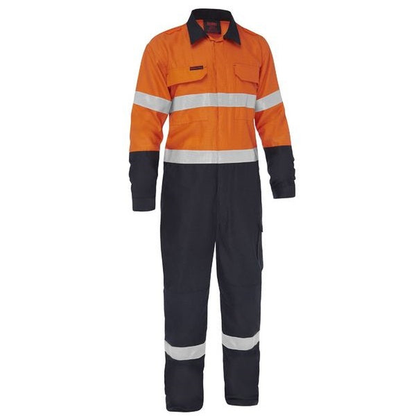Orange/navy, flame resistant ripstop fabric, Bisley BC8477T Apex 185/240 Taped HiVis FR Ripstop Vented Coverall, front view